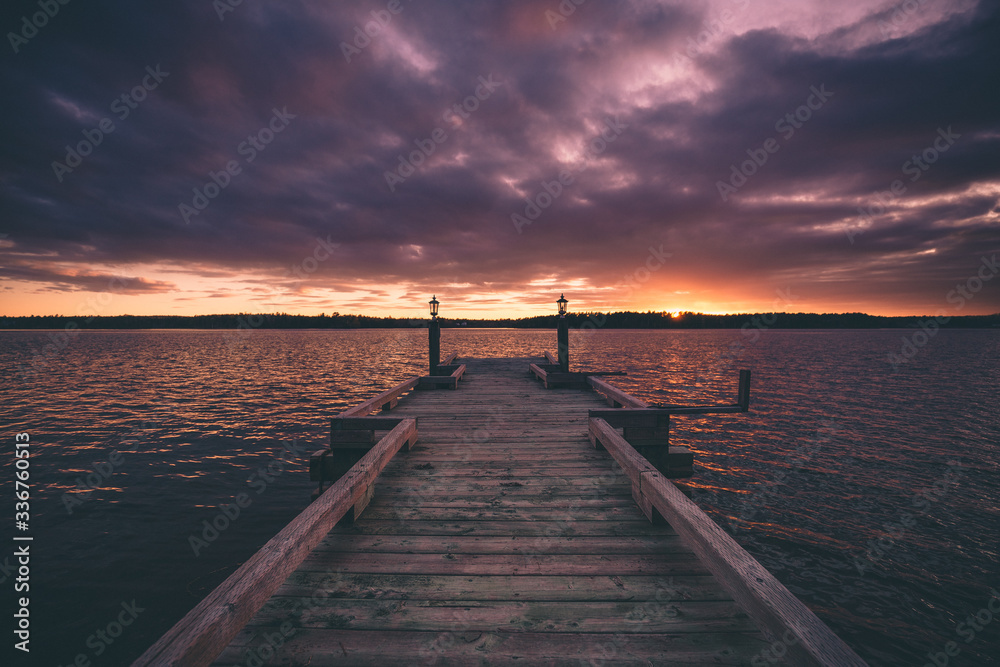  The pier during the beautiful sunset in the horizon in Nova Scotia Canada