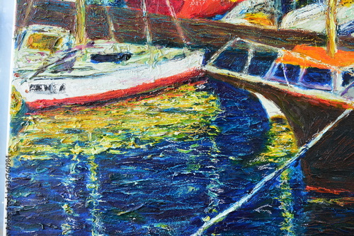 Oil on canvas. Landscape with boats on the pier. Oil paint texture. red. fragment