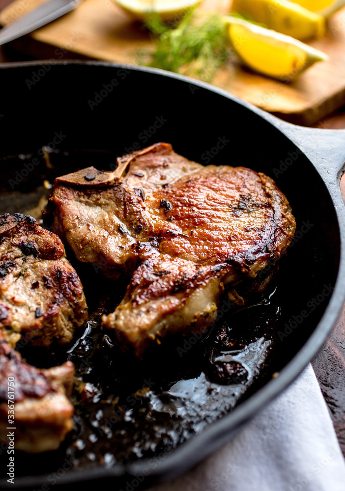 Porchetta†style pork chop on skillet Porchetta†style pork chop on skillet
