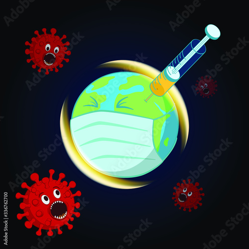 The world has been vaccinated to protect against the Covid-19 Coronavirus. Cartoon Concept Vector Illustration.