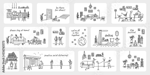 Illustration of tiny people in quarantine, various activities like meditation, cooking, home office, exercising, shopping for neighbours - Coronavirus pandemic 2020