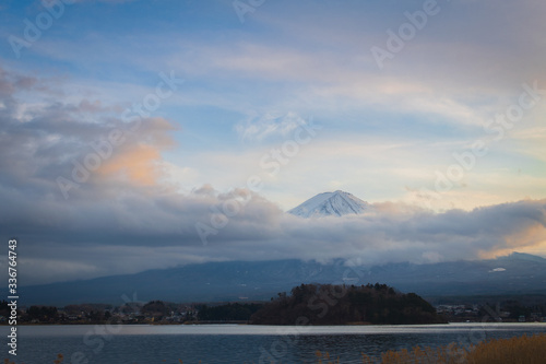 Sunset with Mount Fuji at Kawaguchiko Lakes in an evening 2020, One of the Fuji Five Lakes © dieprince
