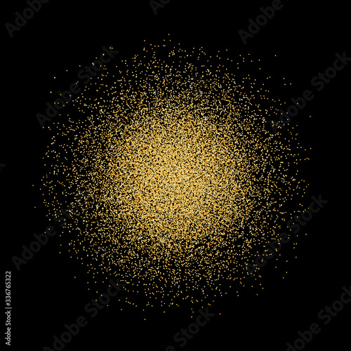 Golden glitter background. Pattern with gold sparkles and glitter effect. Empty space for your text. Vector illustration on black background