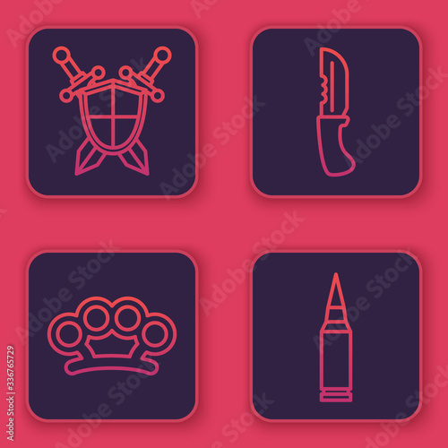 Set line Medieval shield with crossed swords, Brass knuckles, Military knife and Bullet. Blue square button. Vector