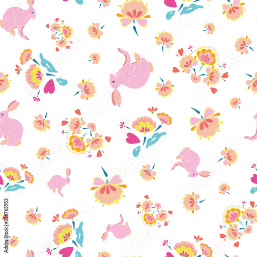 Vector folk art floral easter rabbit pattern on white background. Happy spring design. Event and holidays. Surface pattern design.