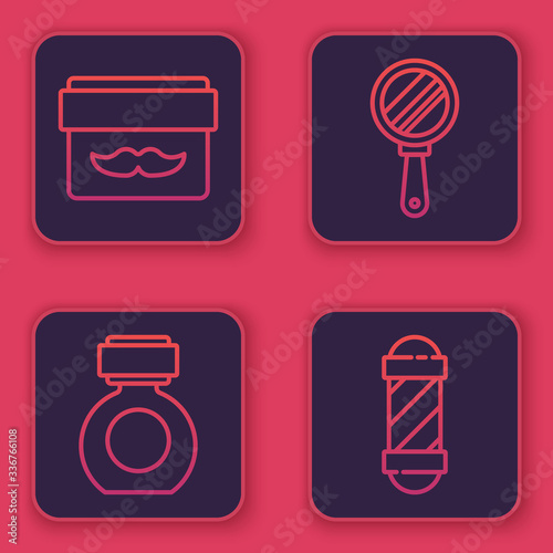 Set line Cream or lotion cosmetic jar, Aftershave, Hand mirror and Classic Barber shop pole. Blue square button. Vector