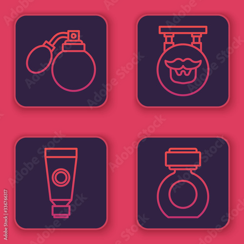 Set line Aftershave bottle with atomizer, Cream or lotion cosmetic tube, Barbershop and Aftershave. Blue square button. Vector