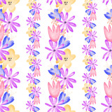 Border flower buds watercolor texture digital art digital seamless pattern on white background. Print for fabrics, banners, web design, posters, invitations, cards, stationery, wrapping paper.