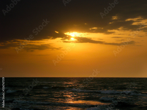 Close up view of beach sand particles and blurry white shells are in the sea background