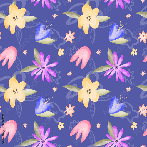 Colored flower buds watercolor texture digital art digital seamless pattern on blue background. Print for fabrics, banners, web design, posters, invitations, cards, stationery, wrapping paper.