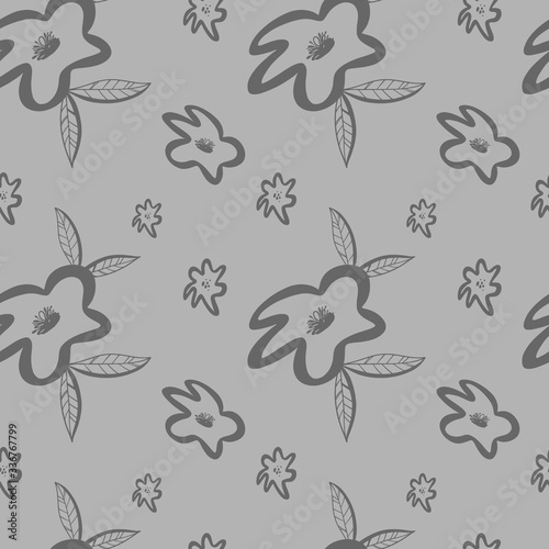 Flower buds seamless pattern contour digital doodle art on gray background. Print for fabrics, banners, web design, posters, invitations, cards, stationery, wrapping paper.