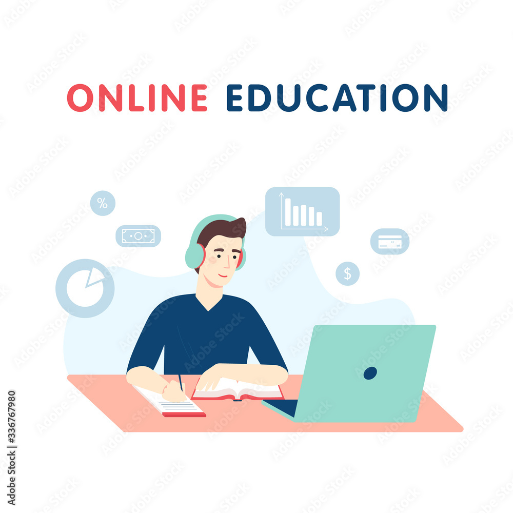 Finance courses, distance education, training and courses. Male student studies economic and financial sciences online with his laptop at home. Vector cartoon illustration for banner, flyer, poster.