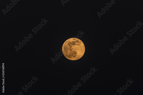 Yellow orange full moon in spring evening on dark nice sky