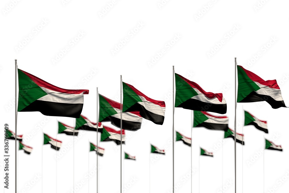 pretty Sudan isolated flags placed in row with bokeh and space for content - any holiday flag 3d illustration.. pretty Sudan isolated flags placed in row with bokeh and space for content - any holiday flag 3d illustration..