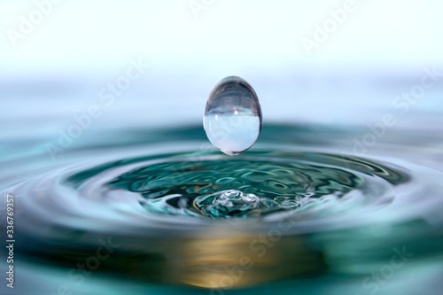 Splashed water drops. Fresh  blue water. Natural background. 