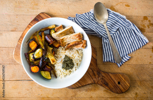 Overhead view of mixed rice with crunchy vegetables