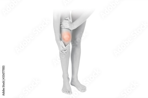 Knee pain, painful point isolated on white background. woman holding her painful knee. Joint pain, concept of medicine, massage, physiotherapy, health.