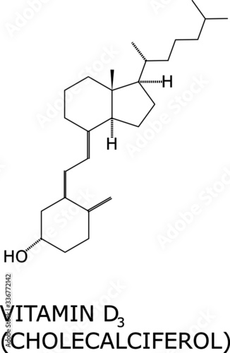 Vitamin D3 molecular structure vector. Helps calcium absorption on the bones, and is important in muscles, nerves and the immune system. Present in fish, animal liver and cheese