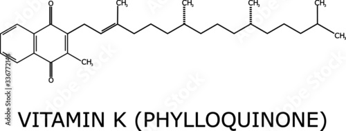 Vitamin K structure vector. Important in blood coagulation and calcium binding, we can find it in spinach, kale or collards.