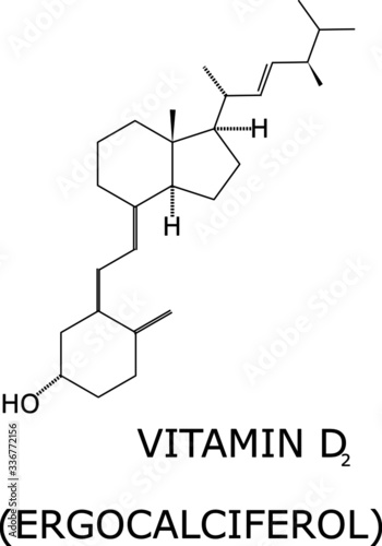 Vitamin D2 molecular structure vector. Helps calcium absorption on the bones, and is important in muscles, nerves and the immune system. Present in fish, animal liver and cheese