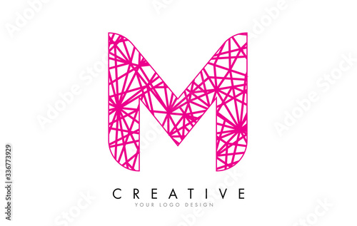 Sketched stylized Letter M with Pink Lines Pattern Design.
