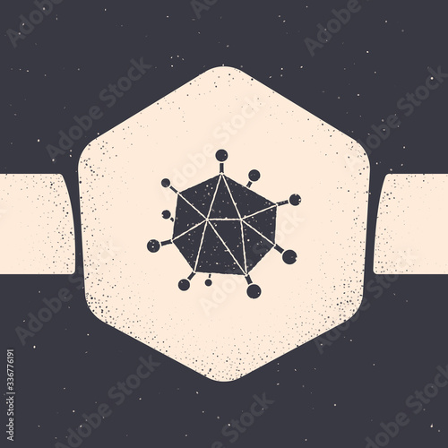 Grunge Virus icon isolated on grey background. Corona virus 2019-nCoV. Bacteria and germs, cell cancer, microbe, fungi. Monochrome vintage drawing. Vector Illustration