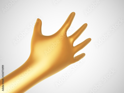 3D golden hand offering for handshake on white background. Concept of financial support, teamwork and business partnership. Vector illustration of shaking human hand made of gold.