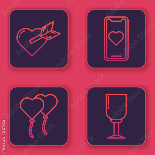Set line Amour with heart and arrow, Balloons in form of heart, Mobile phone with heart and Wine glass. Blue square button. Vector