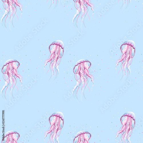 Seamless pattern jellyfish pink, blue, purple colors, drawn in the style of cartoon on blue background. Use in children's clothing, stickers, covers, kid's room, books, wallpapers, wrapping paper © Виктория Лисак