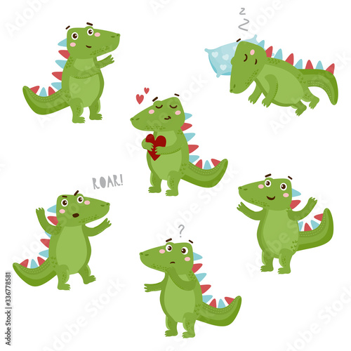 Fototapeta Naklejka Na Ścianę i Meble -  Set of cute dinosaur emotions isolated on white background. Kids illustration. Funny cartoon Dino collection.