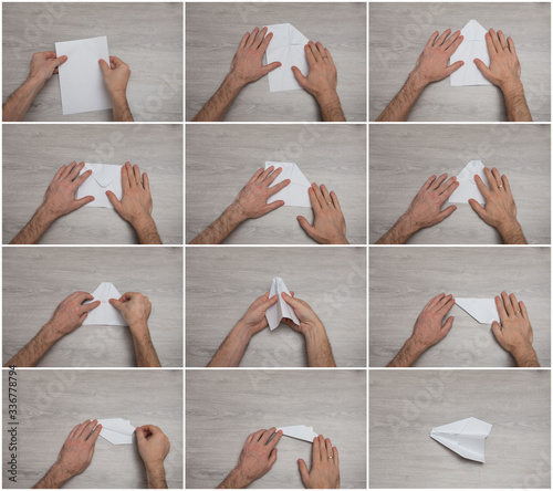 How to make origami paper airplane step by step photo instruction on wooden table with arms.