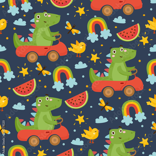 Cute childish seamless pattern. Dinosaur, watermelon, bird and rainbow. Baby Shower illustration. Dino driving a car. For fabric print, wrapping paper, etc.