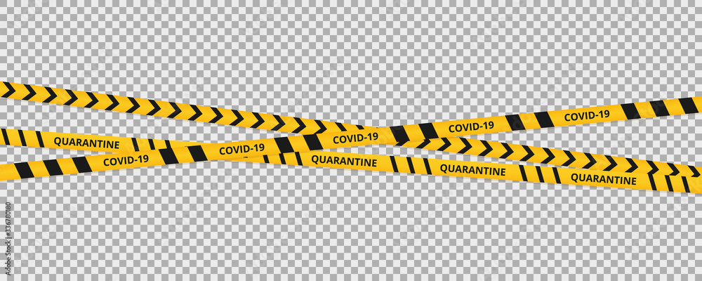 Quarantine coronavirus tape border background. Warning coronavirus quarantine yellow and black stripes. - obrazy, fototapety, plakaty 