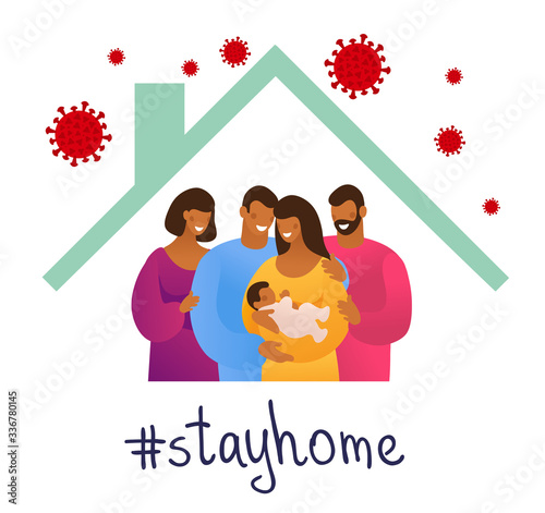 CoVID-19 Spread of the virus. New Coronavirus 2019-nCoV Positive quarantine self-isolation poster. A happy family is protected from the virus in their home. Flat vector illustration.