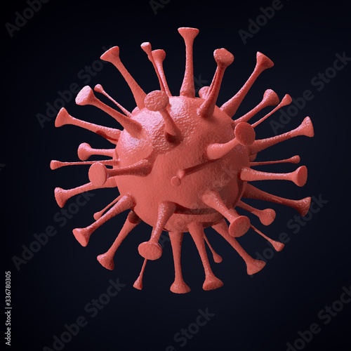 3d rendering red virus isolated on black background. Covid-19 concepr 3d model. Pathogen respiratory cell photo