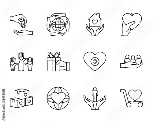 hands and humanitarian aids icon set, line style