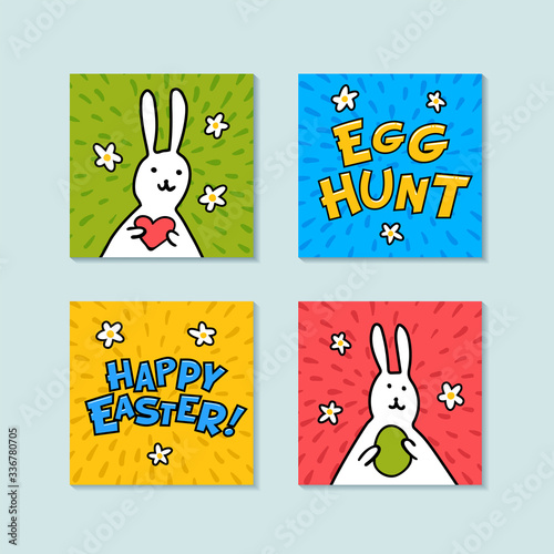 Happy Easter mini greeting cards. Egg hunt and happy easter inscriptions, and...