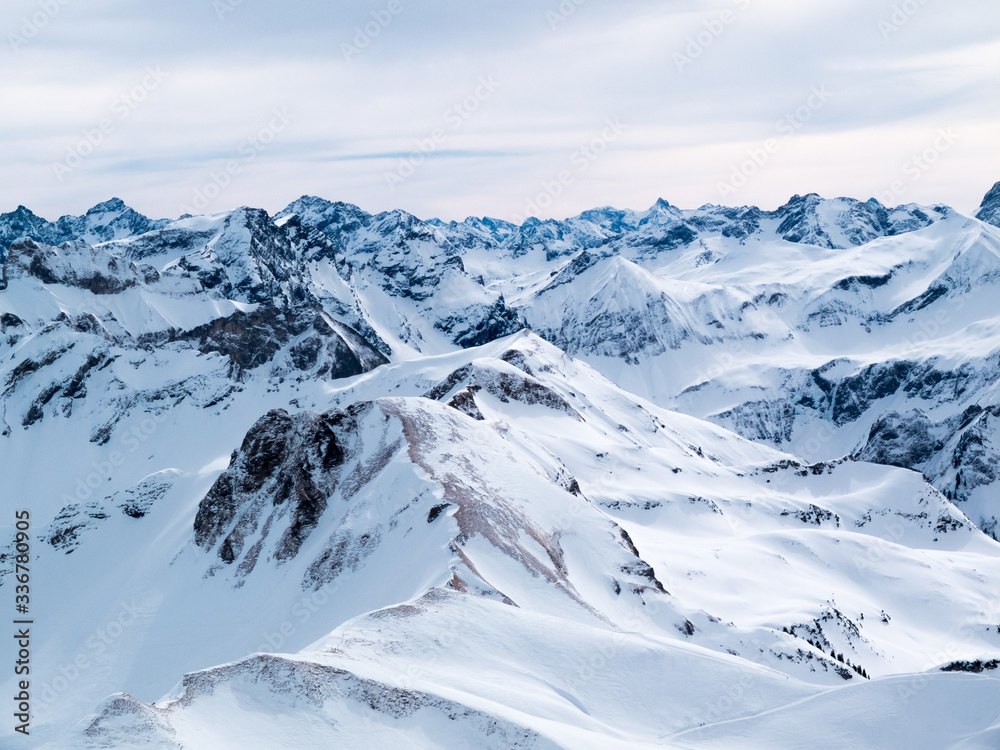 Panoramic view of the Alps in winter.