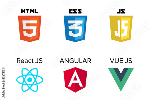 vector collection of web development shield signs: html5, css3, javascript, react js, angular and vue js.	 photo