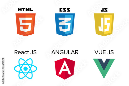 vector collection of web development shield signs: html5, css3, javascript, react js, angular and vue js.	