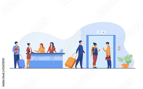 Tourists with luggage waiting at hotel reception desk, walking through lobby to elevator. Receptionists welcoming guests at counter. Vector illustration for hotel business, hospitality, travel concept