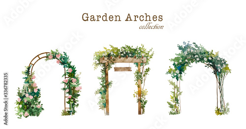 Set of watercolor garden arches with blooming white and pink roses. Original illustration for wedding environment and landscape design photo