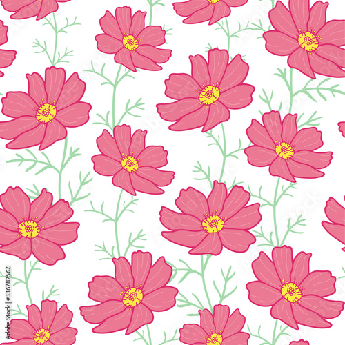 Pink cosmos flowers seamless pattern with branches on white background