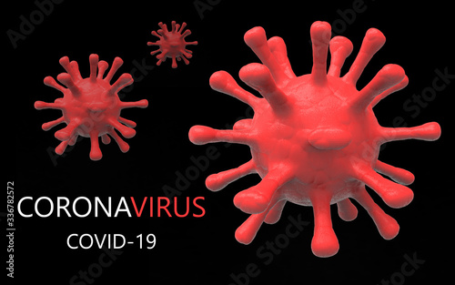 Pandemic coronavirus. Red on a black background. Close up. 3D rendering illustration
