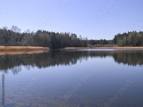 Panoramatic and scenic landscape Picture of the lake in the middle of nowhere in Czech republic taken in sunny spring afternoon in early sunset. Clear silent countryside to spend holiday there.