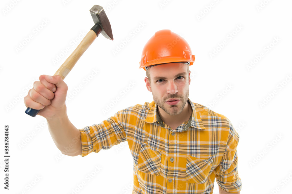 Having always hand at carpentry. Carpenter hold hammer isolated on white. Carpentry and renovation. Carpentry shop. Home improvement business. Building and construction. Being skilful at carpentry Having always hand at carpentry. Carpenter hold hammer isolated on white. Carpentry and renovation. Carpentry shop. Home improvement business. Building and construction. Being skilful at carpentry
