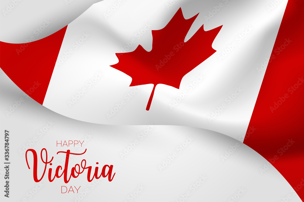 Victoria Day Canada Holiday banner background. Waving national white and red flag with maple