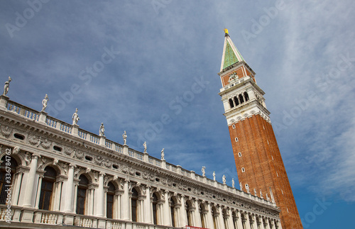 Facade of the Biblioteca Marciana and Campanile on St. Mark's Square in Venice, Italy