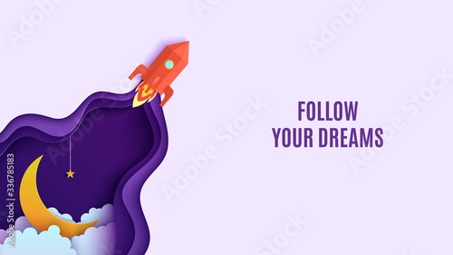 Night sky and red rocket in paper cut style. Cut out 3d background with violet and blue gradient cloudy landscape with star on rope and moon papercut art. Vector card template for motivation poster