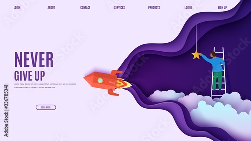 Man on a ladder to pick the star above cloud and red rocket in paper cut style. Cut 3d vector website template with flying ship papercut businessman climbs the stairs to the sky to get a star
